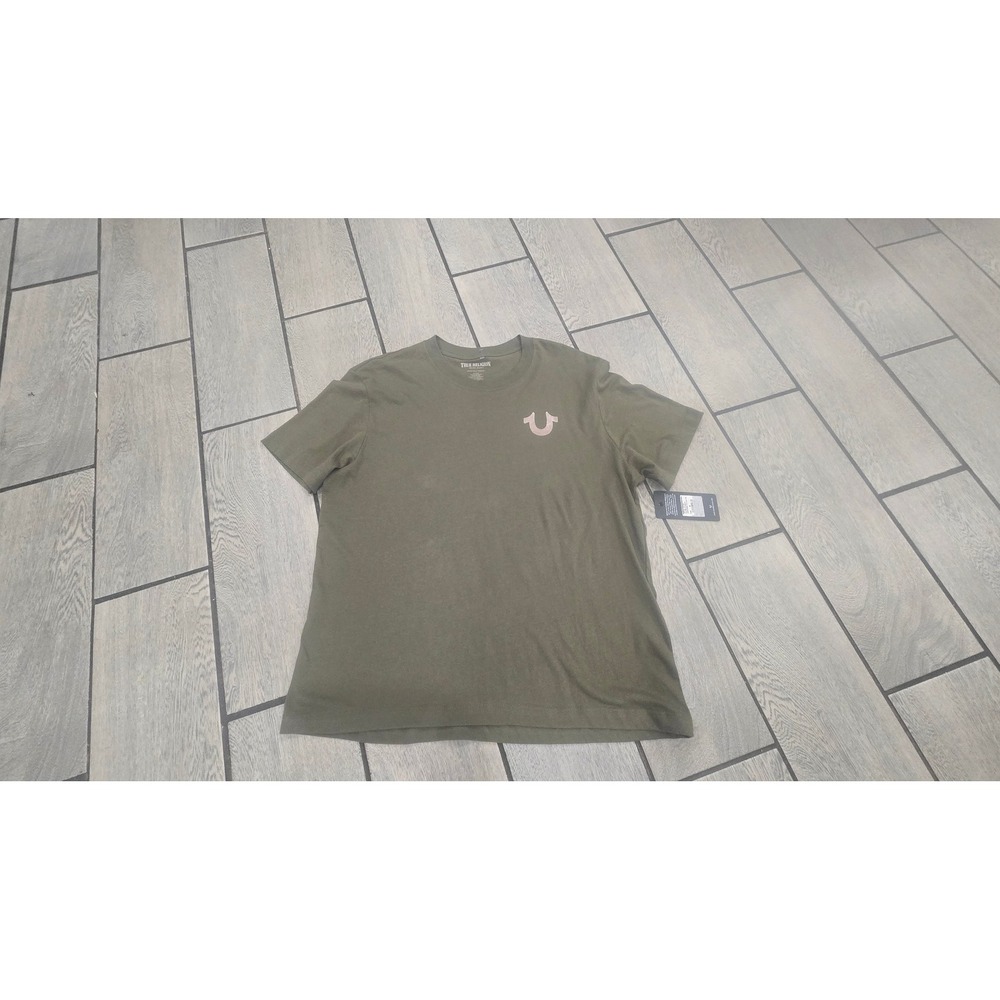 True Religion Mens Dimensional TR Flock Tee Kalamata Green Pink Logo Shirt M